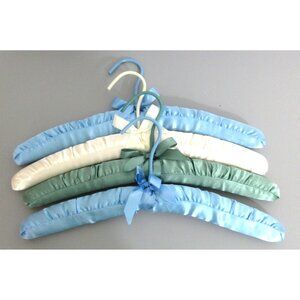 Lot of 4 Vintage Padded Satin Fabric Covered Clothes Hangers Colored Ribbon Home